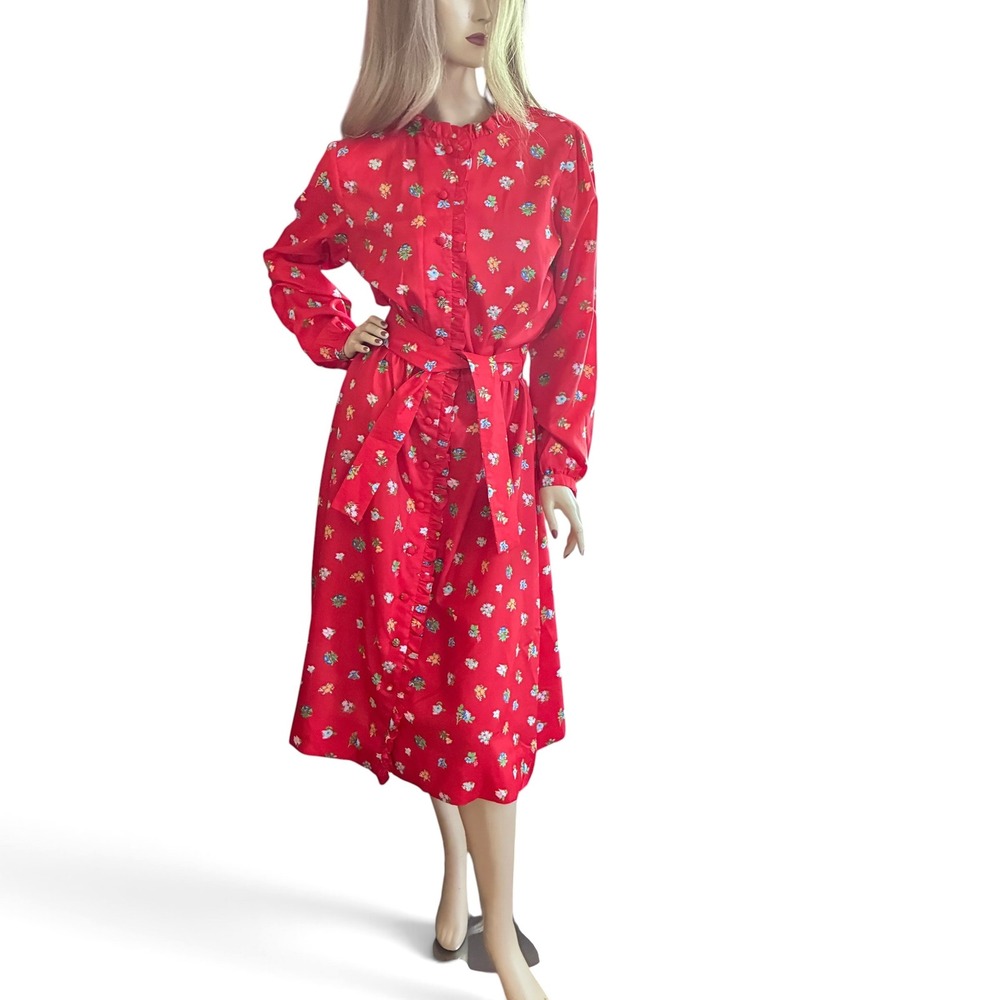 Vintage 70s Red Floral Midi Dress Size Medium Serbin by Muriel Ryan